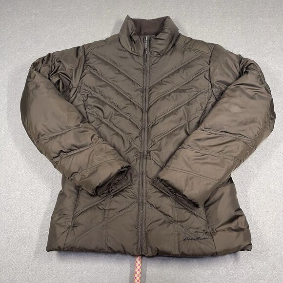 Eddie Bauer Jacket Womens Medium Brown Premium Goose Down Puffer Floral Full Zip - Picture 1 of 16